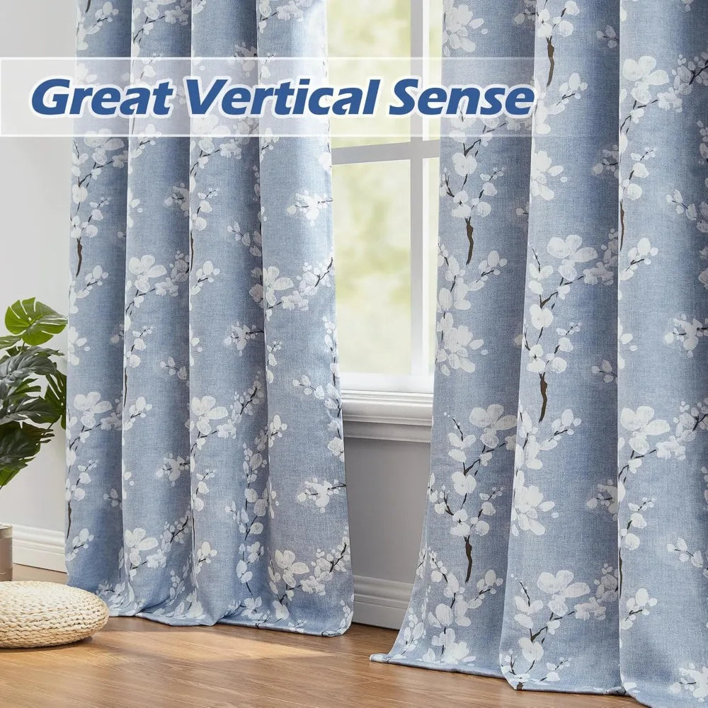 FMFUNCTEX 100% Blackout Sliding Door Curtains for Living Room, Blue Floral Print Extra 100 Wide Window Curtain Panels for Slidin