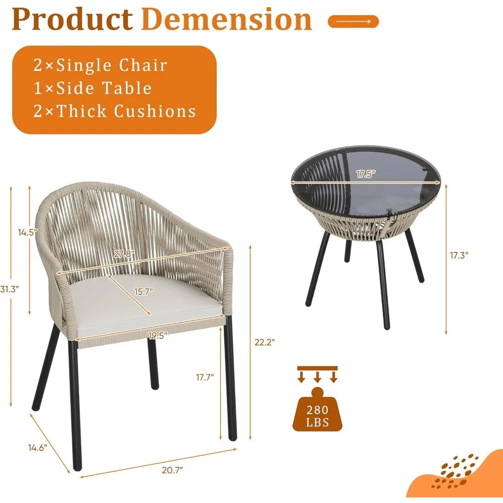 Patio Furniture Set 3 Pieces Rope Woven Bistro Set Outdoor Conversation Set with 2 Wide Chairs,Cushions and Tempered Glass Tabl