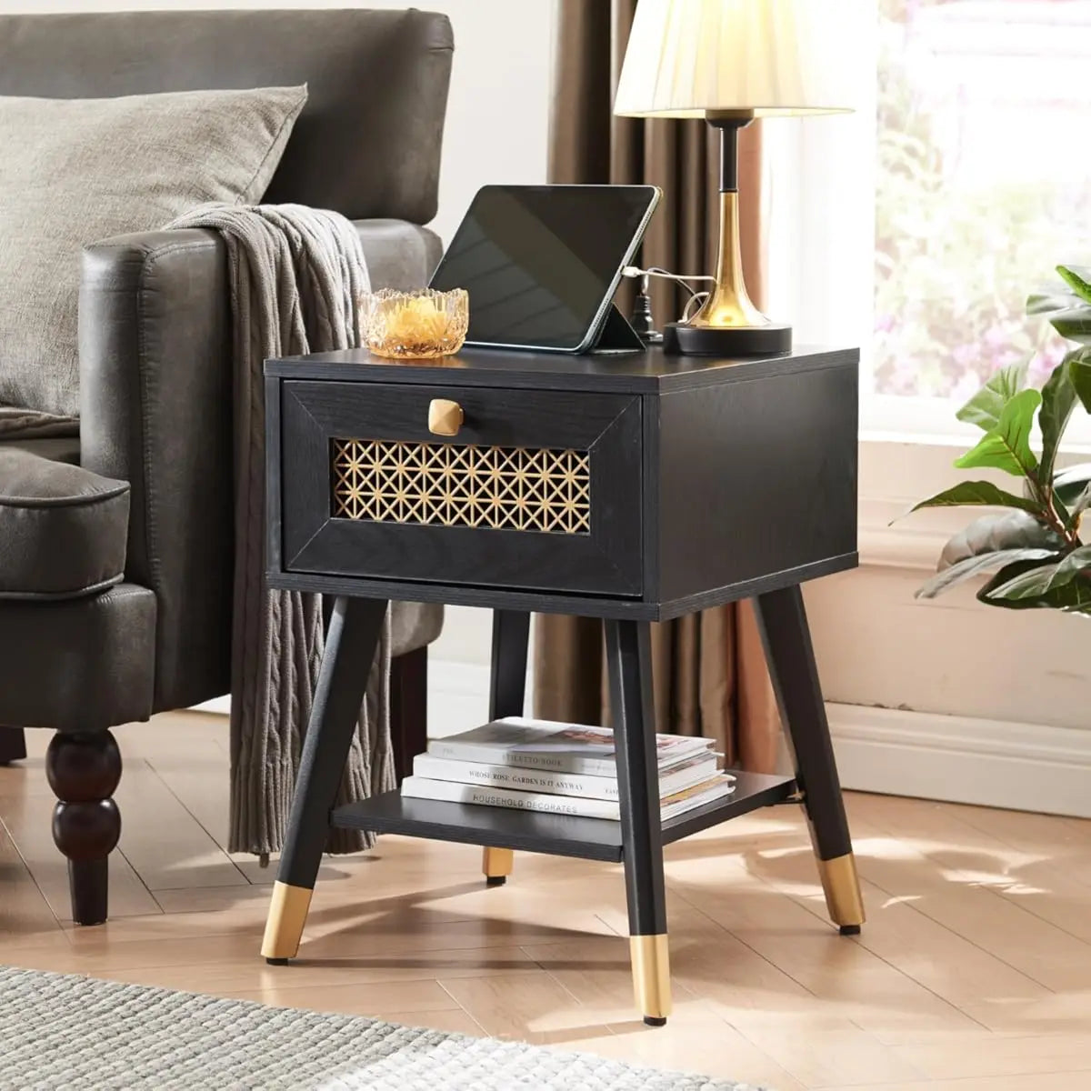 Hign-concerned Boho Side Table With USB Ports And Drawer