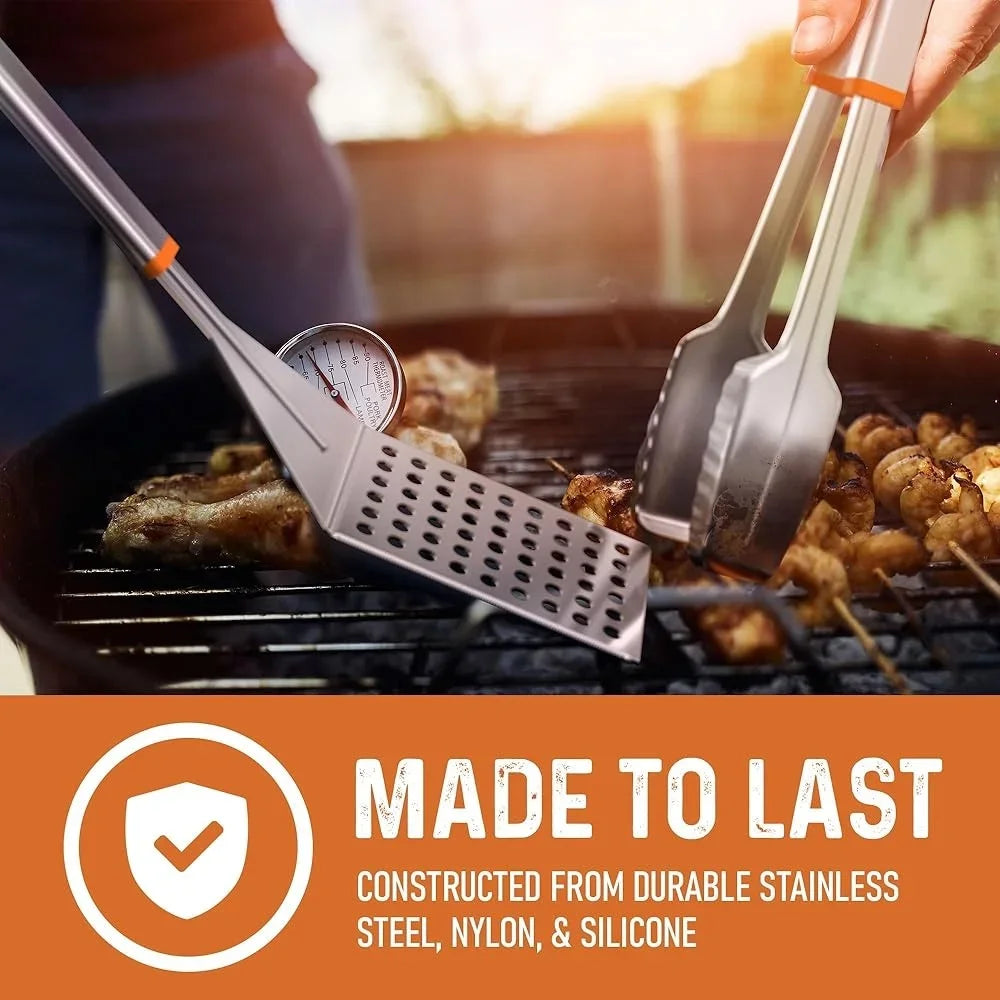 Stainless Steel BBQ Tool Set with Rotating Stand Drip Pan Complete Grill Kit Spatula Tongs Fork Brush Portable Durable Easy to