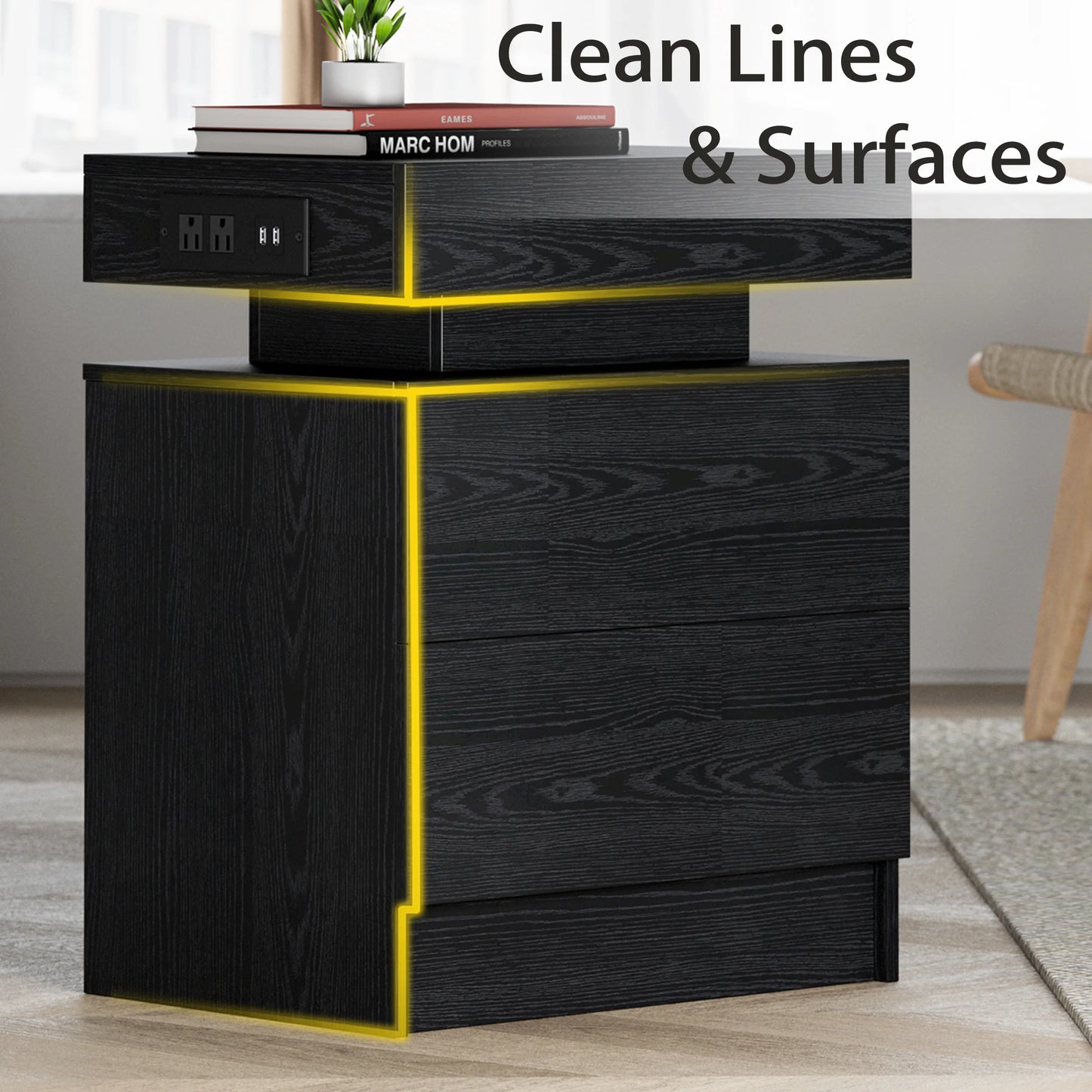 Likimio Nightstand With Charging Station LED Light Drawers