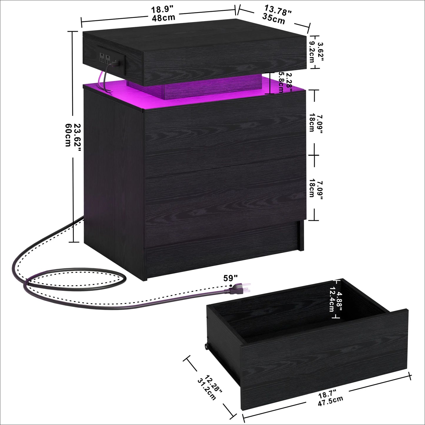 Likimio Nightstand With Charging Station LED Light Drawers