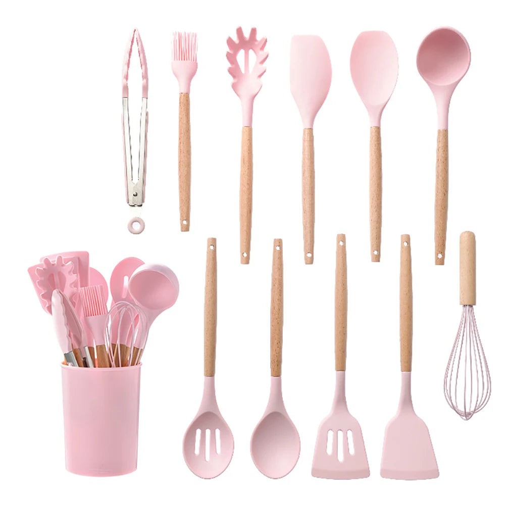 Silicone Kitchen Utensils Set With Wooden Handle Essentials