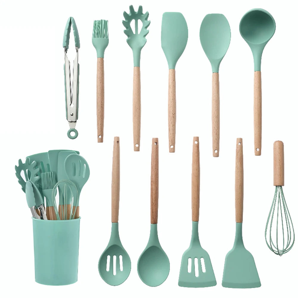 Silicone Kitchen Utensils Set With Wooden Handle Essentials