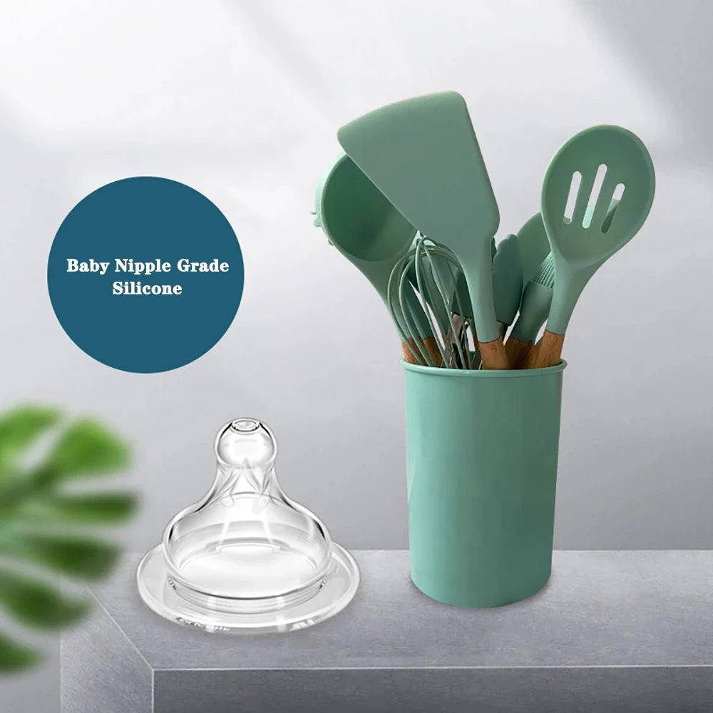 Silicone Kitchen Utensils Set With Wooden Handle Essentials