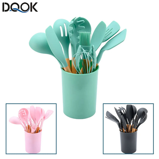 Silicone Kitchen Utensils Set With Wooden Handle Essentials