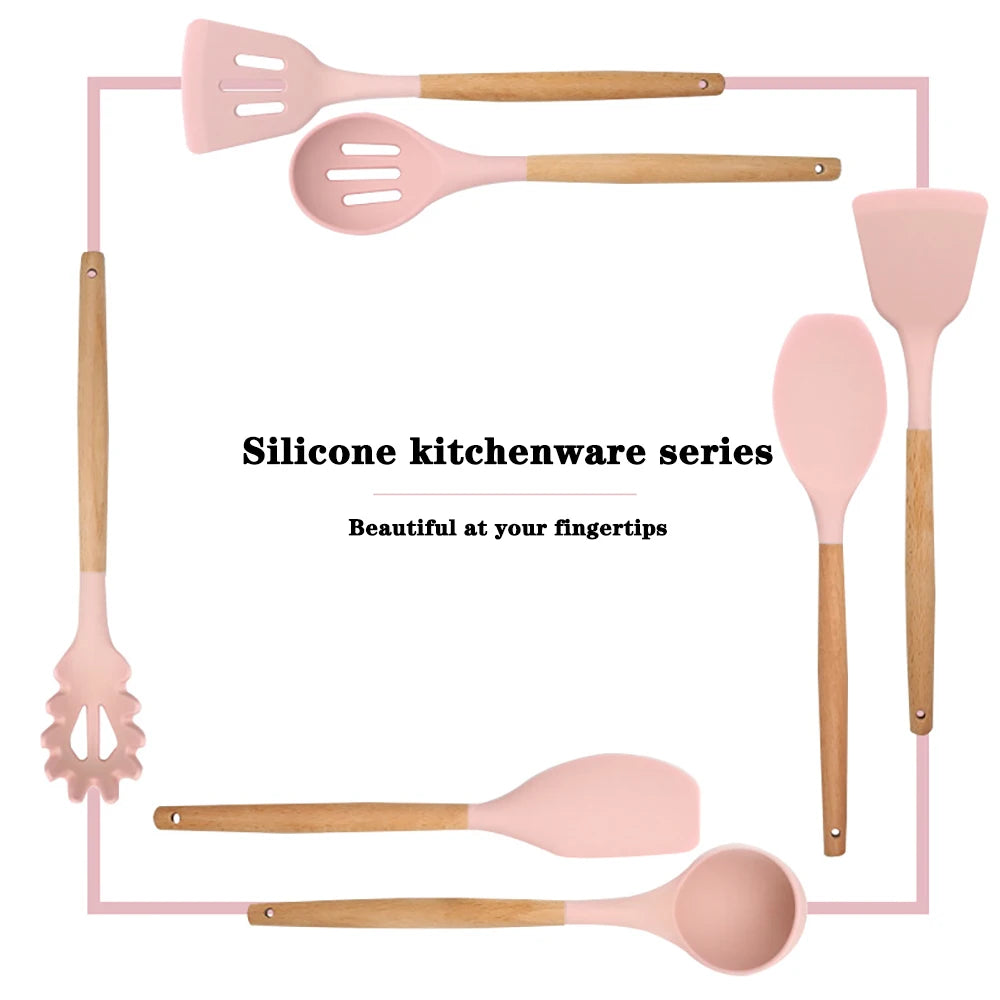 Silicone Kitchen Utensils Set With Wooden Handle Essentials