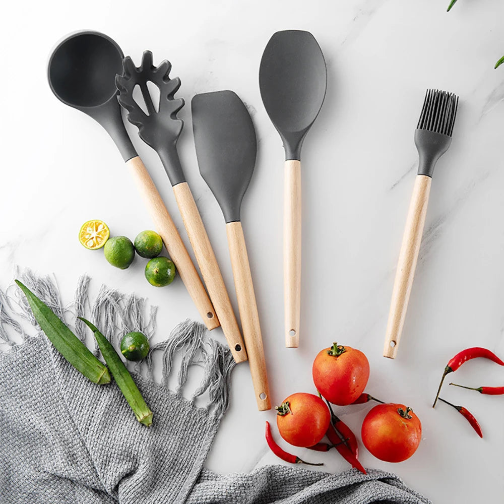 Silicone Kitchen Utensils Set With Wooden Handle Essentials