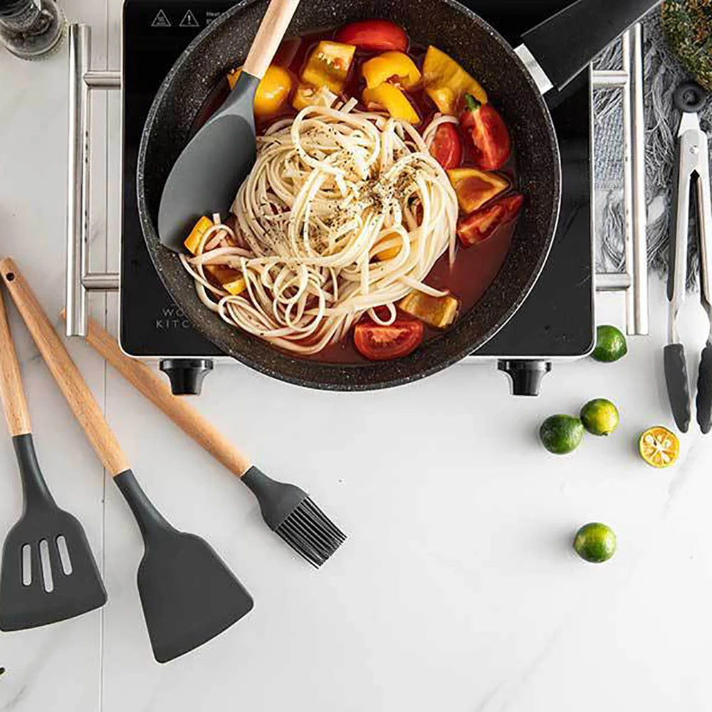 Silicone Kitchen Utensils Set With Wooden Handle Essentials