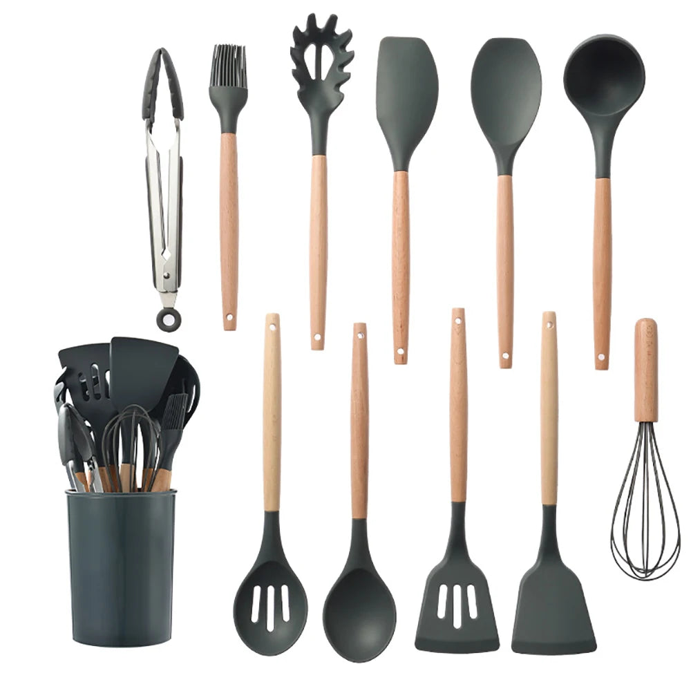 Silicone Kitchen Utensils Set With Wooden Handle Essentials