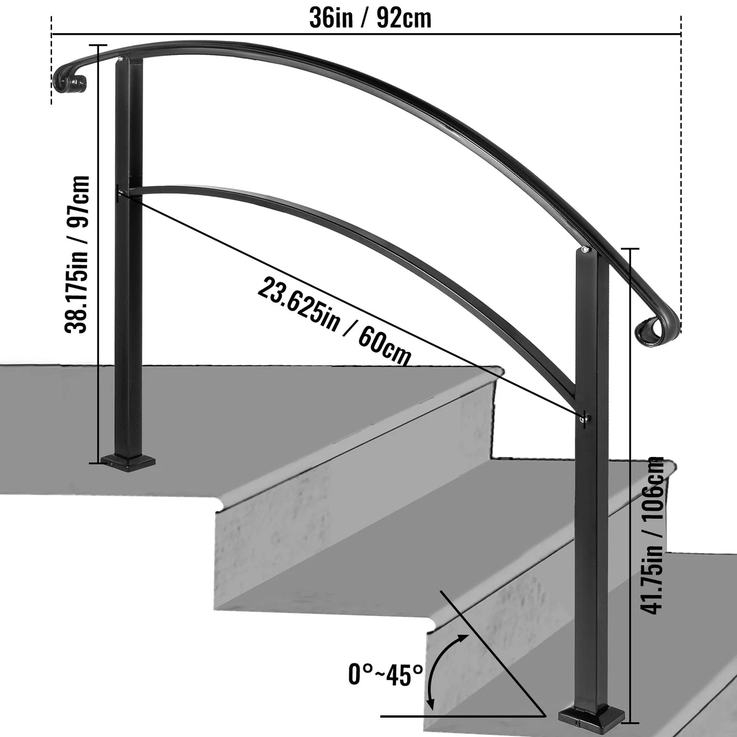 SucceBuy Wrought Iron Handrail For Outdoor Steps With Installation Kit