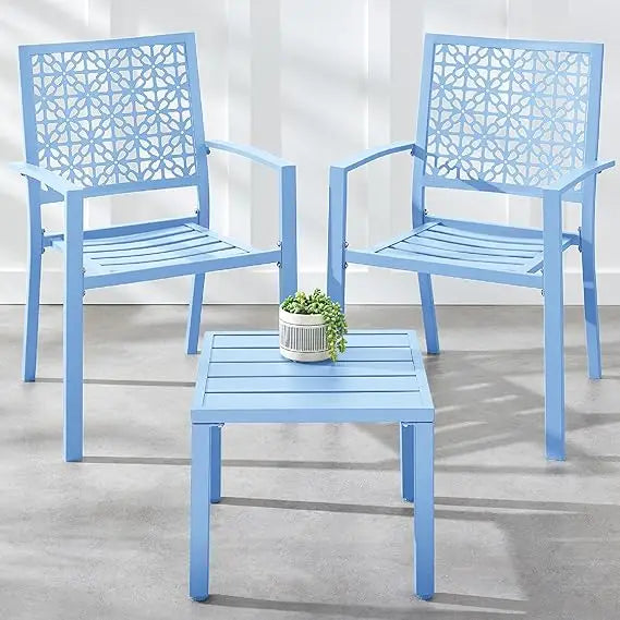 3-Piece Outdoor Bistro Set, Stackable Modern Steel Furniture for Porch, Garden w/ 2 Chairs, Table, Geometric Decor - Peacock Bl