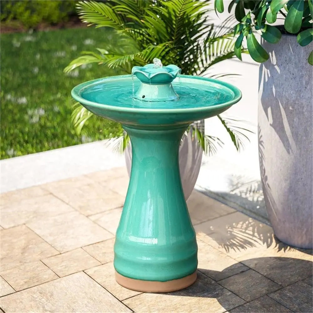 22 Inch Ceramic Bird Bath Fountain, Elegant Glazed Outdoor Water Feature with Lotus Design, Freestanding Waterfall