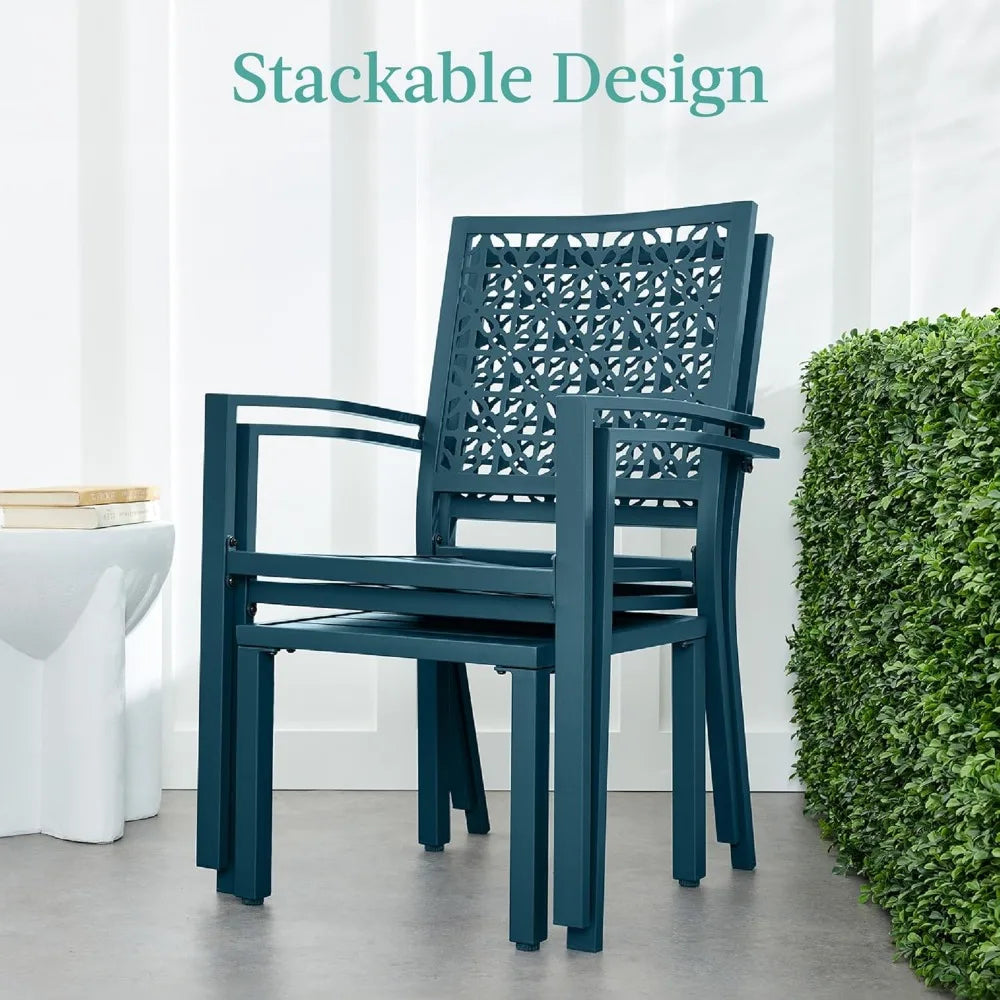 3-Piece Outdoor Bistro Set, Stackable Modern Steel Furniture for Porch, Garden w/ 2 Chairs, Table, Geometric Decor - Peacock Bl