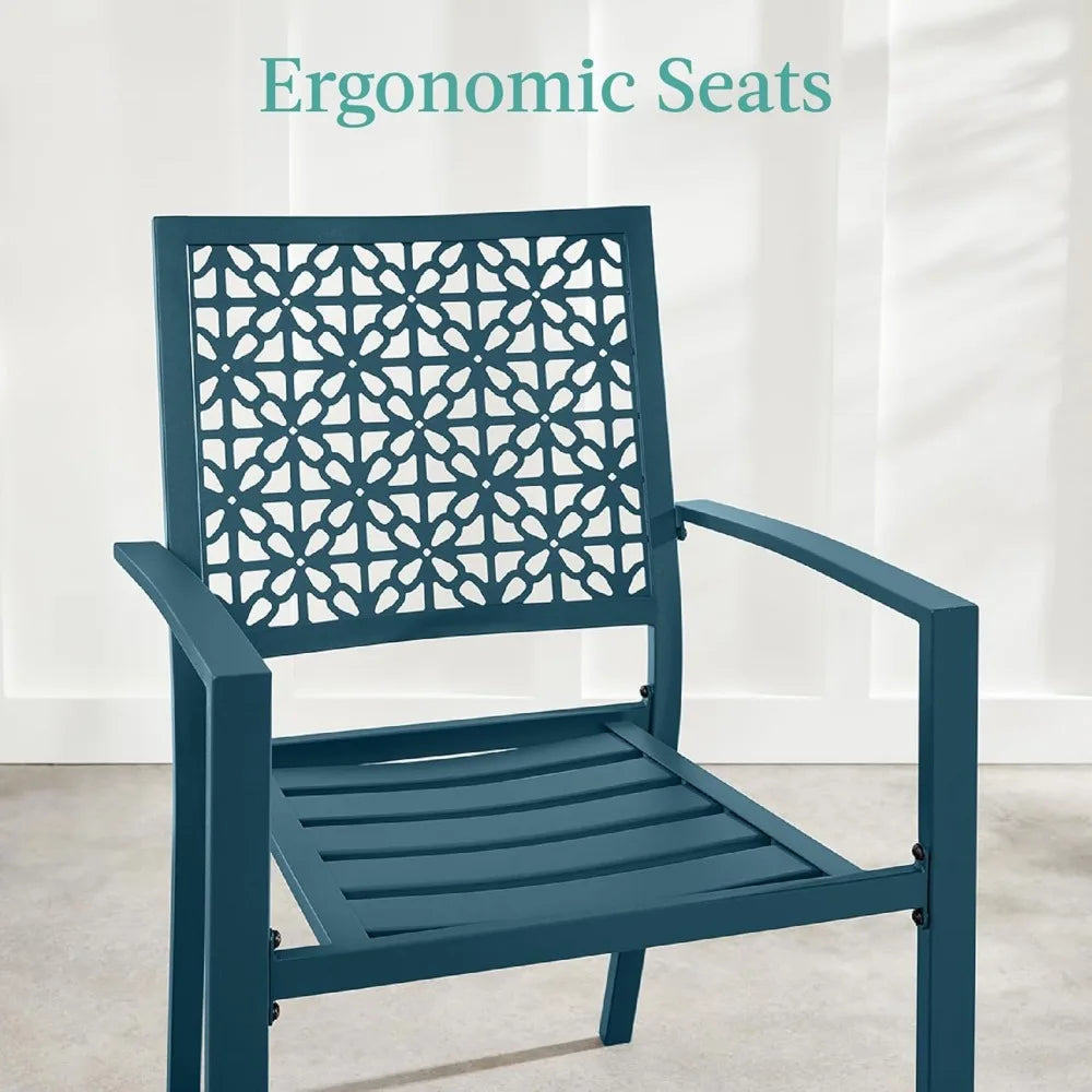 3-Piece Outdoor Bistro Set, Stackable Modern Steel Furniture for Porch, Garden w/ 2 Chairs, Table, Geometric Decor - Peacock Bl