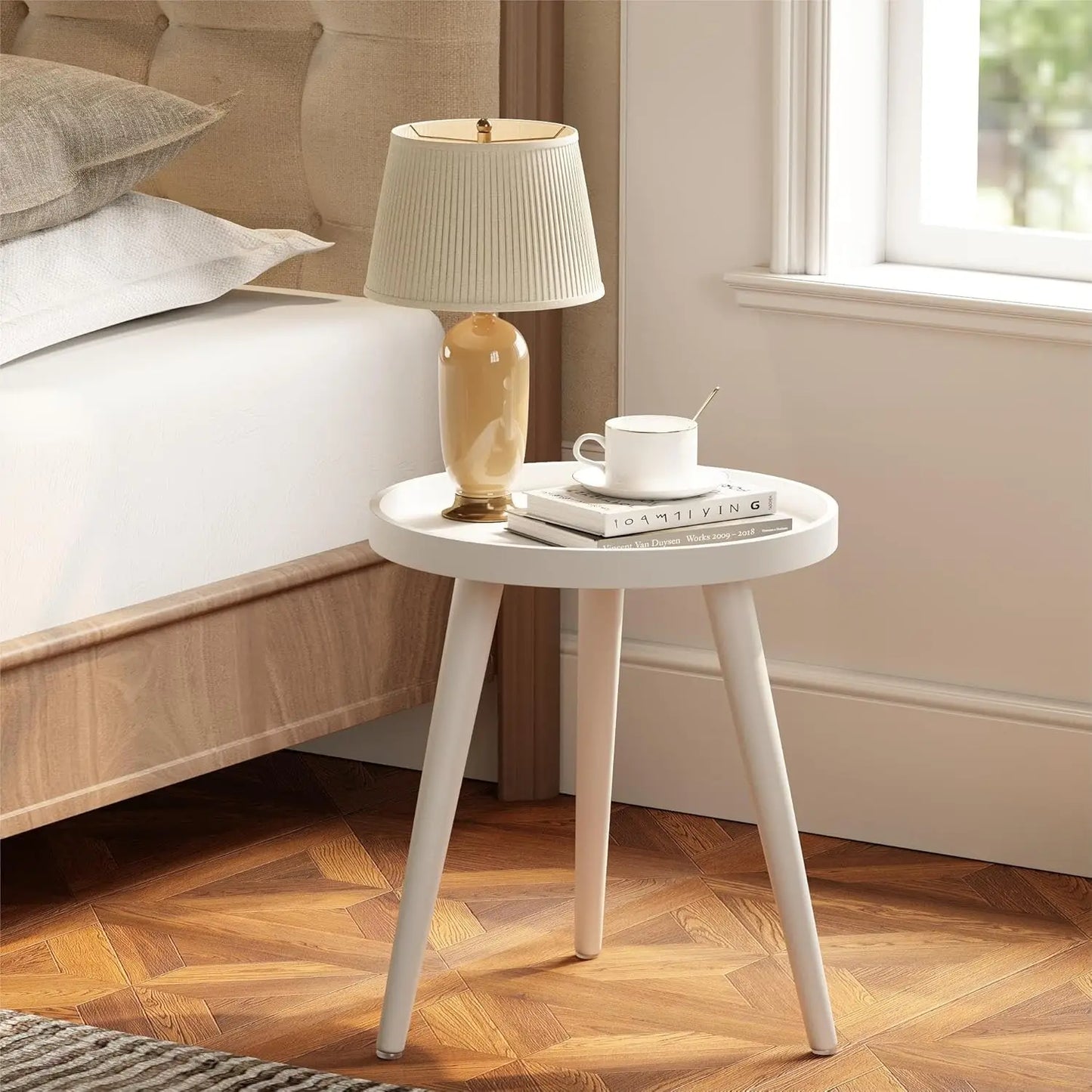 Hign Concerned Round Side Table White Tray Nightstand