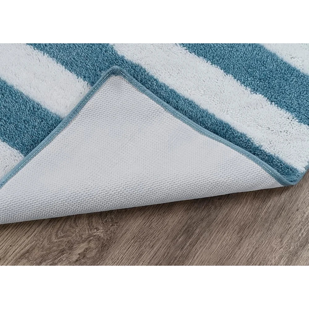 Beach Stripe Washable Bath Rug Set Non-Slip Soft Absorbent Bathroom Mats Quick-Dry Machine Washable Durable Cozy Comfort 2-Piece