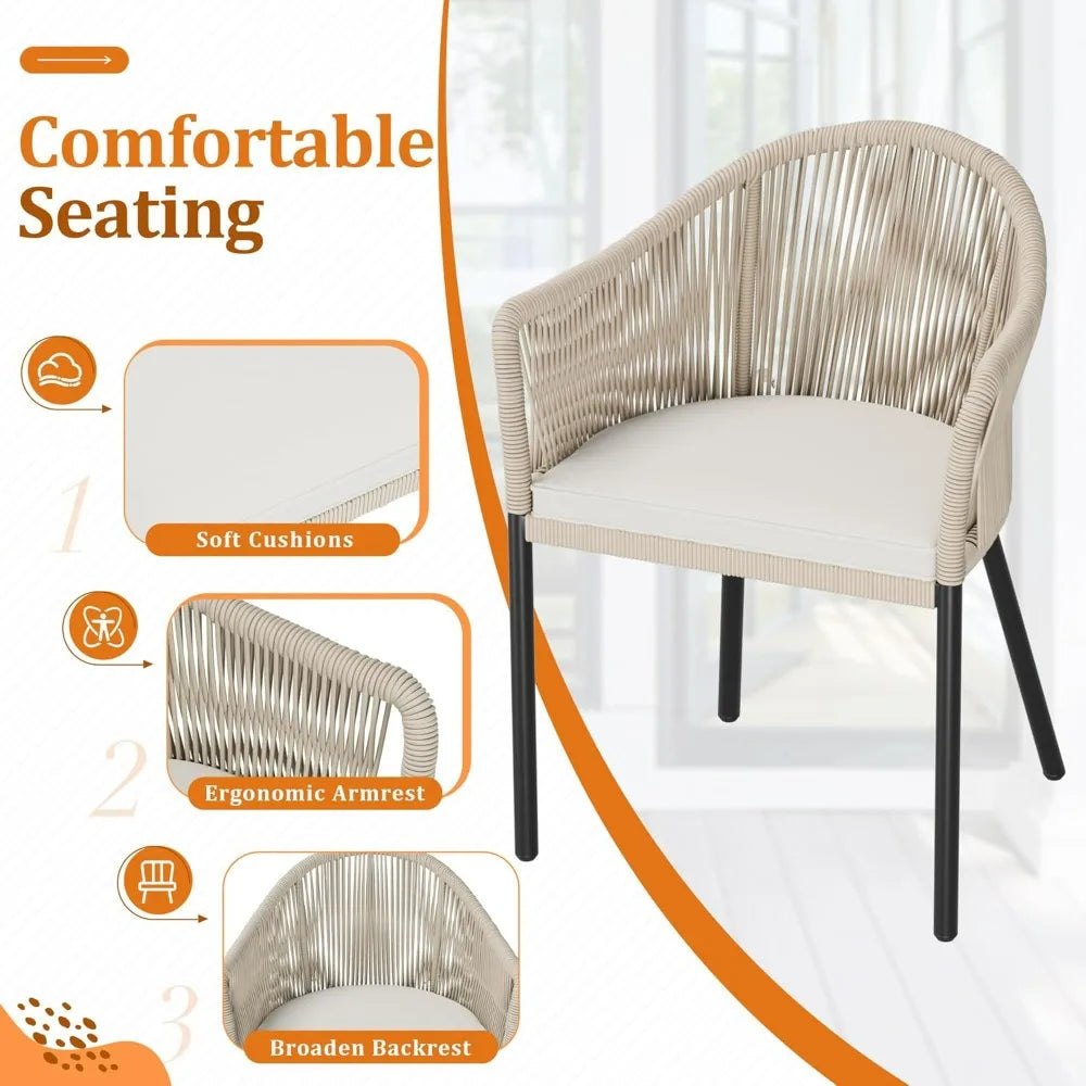 Patio Furniture Set 3 Pieces Rope Woven Bistro Set Outdoor Conversation Set with 2 Wide Chairs,Cushions and Tempered Glass Tabl