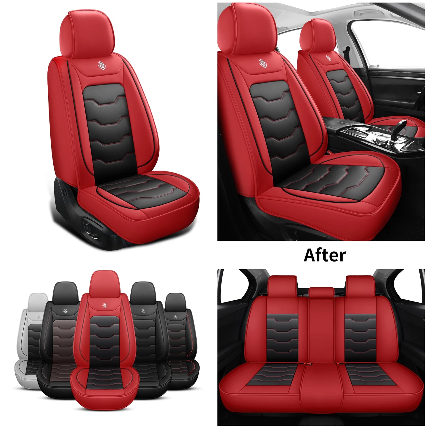 Car seat cover, 5-seater universal, suitable for 90% of 5-seater models，Waterproof leather car interior, (Black/Red)