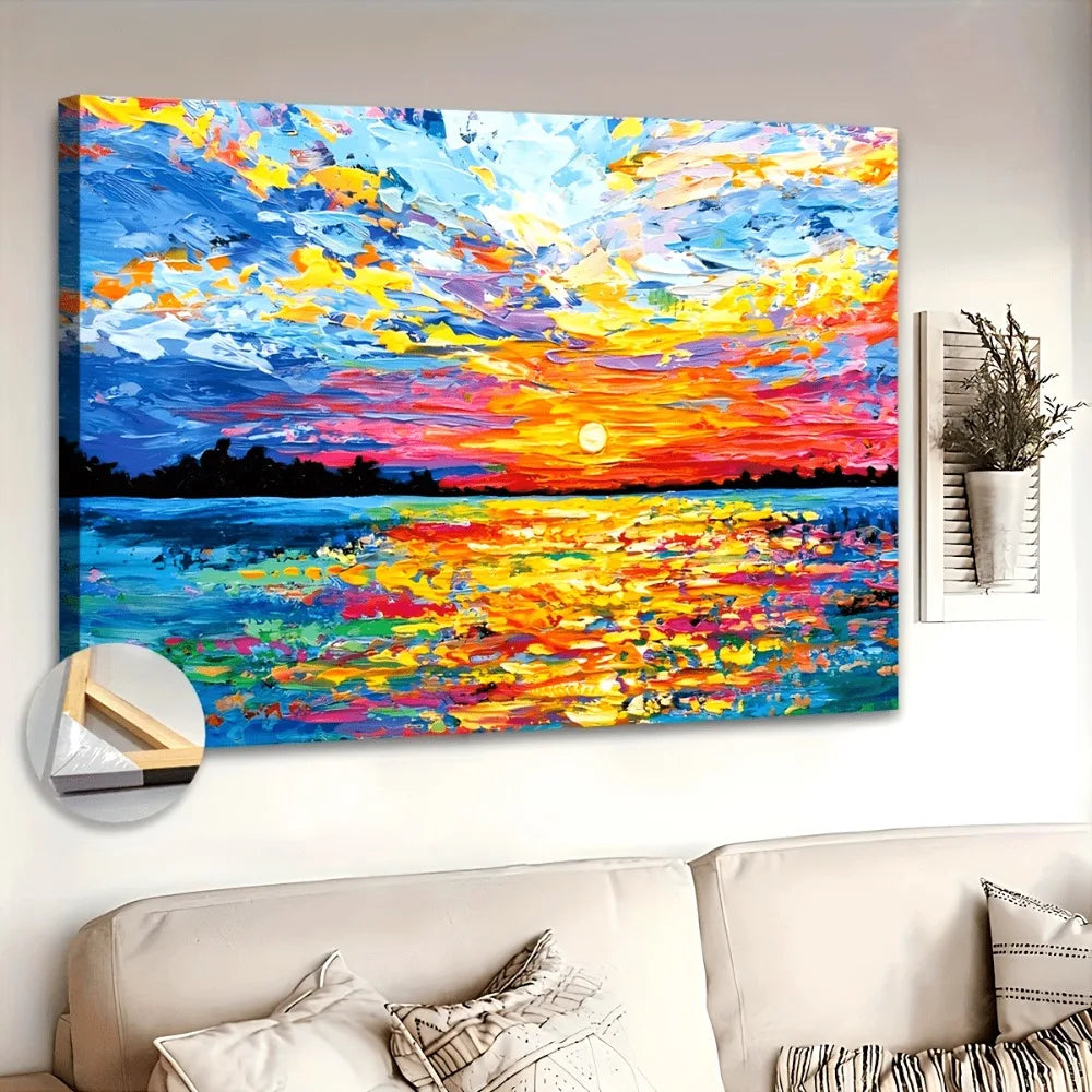 1.5 inch thick wood pine frame, interior art mural, home decor mural, ocean sunset painting, suitable for interior decoration