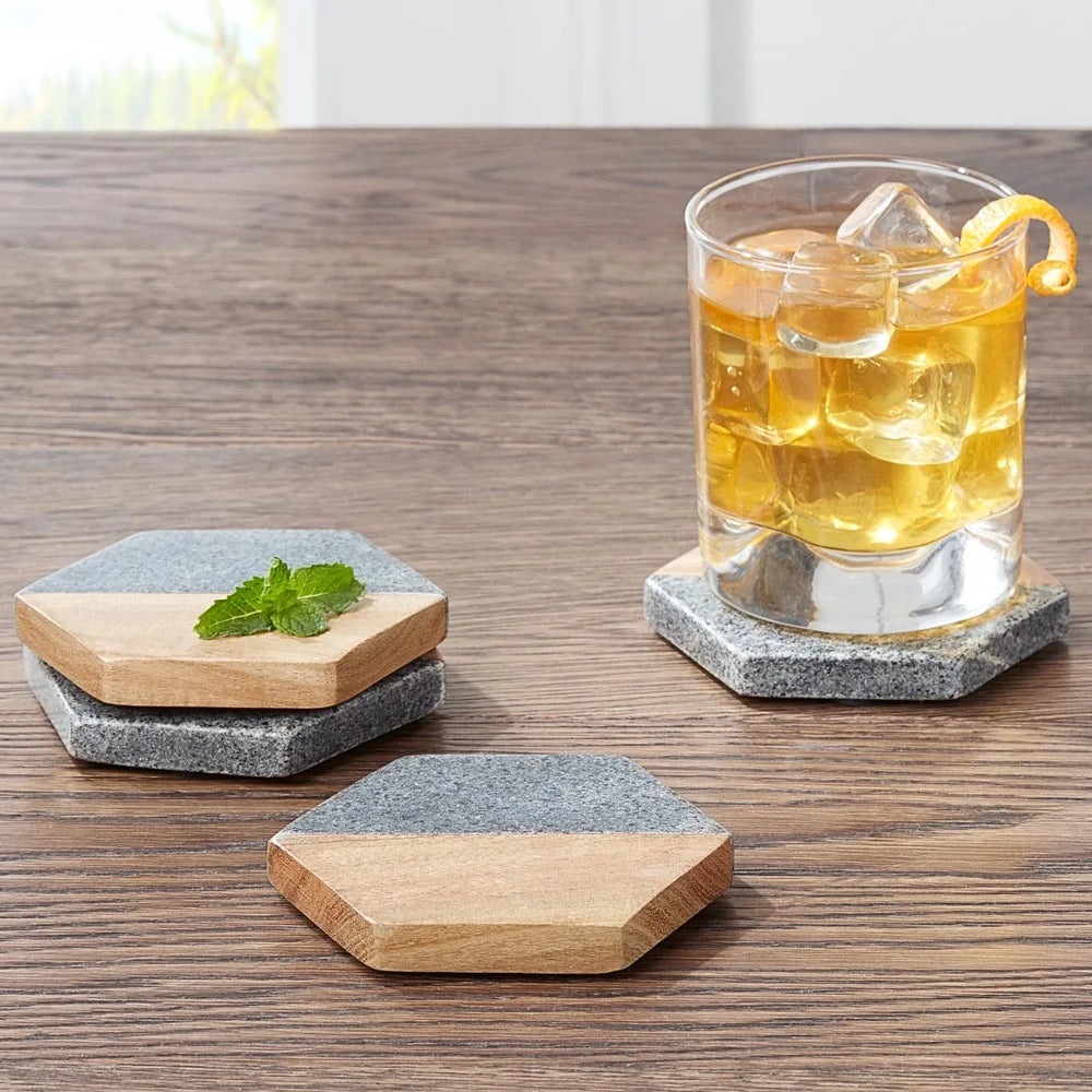 4 Piece Hexagonal Natural Wood and Stone Coaster Set Modern Home Decor Handwash Only Ideal Parties Everyday Use