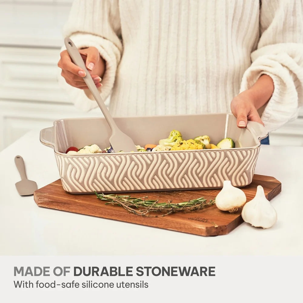 10 Piece Stoneware Bakeware Set with Spatulas Whisk Durable Ceramic Non-Stick Oven Safe Dishwasher Safe Ideal Baking Serving