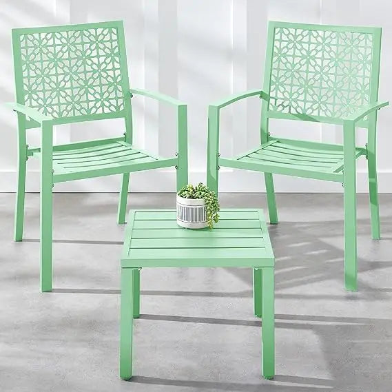 3-Piece Outdoor Bistro Set, Stackable Modern Steel Furniture for Porch, Garden w/ 2 Chairs, Table, Geometric Decor - Peacock Bl