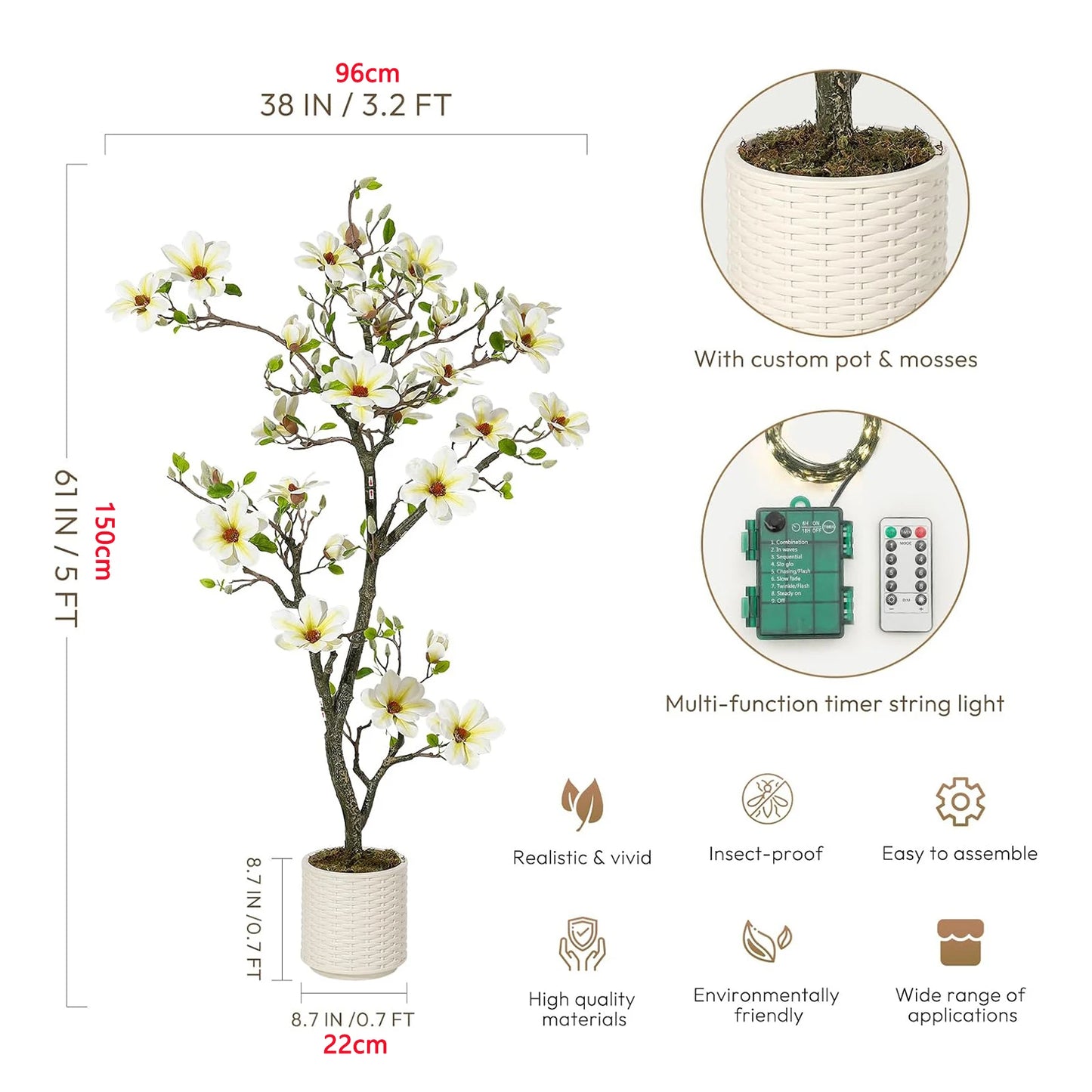 Guangdong Magnolia Faux Plant with LED Light for Patio Decor