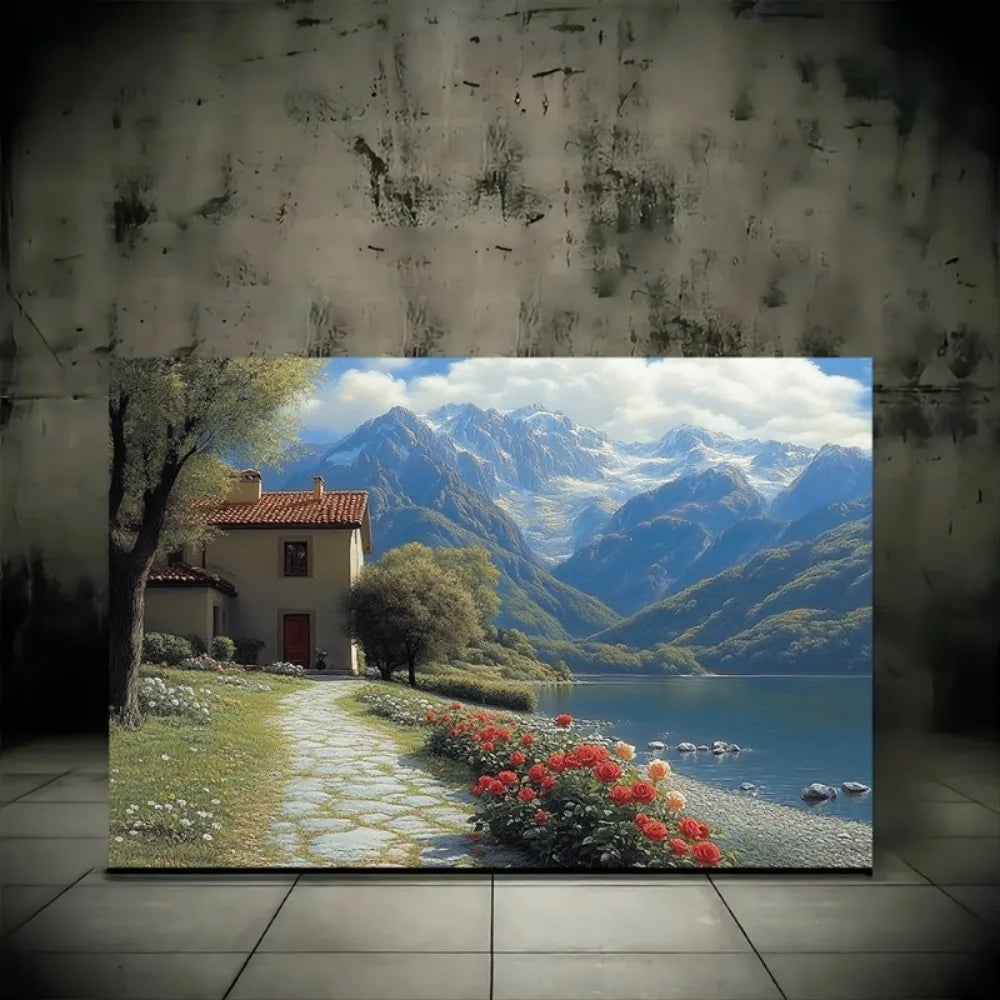 1.5 inch thick wood pine frame, interior art mural, home decor mural, wood frame depicting red flowers by the river