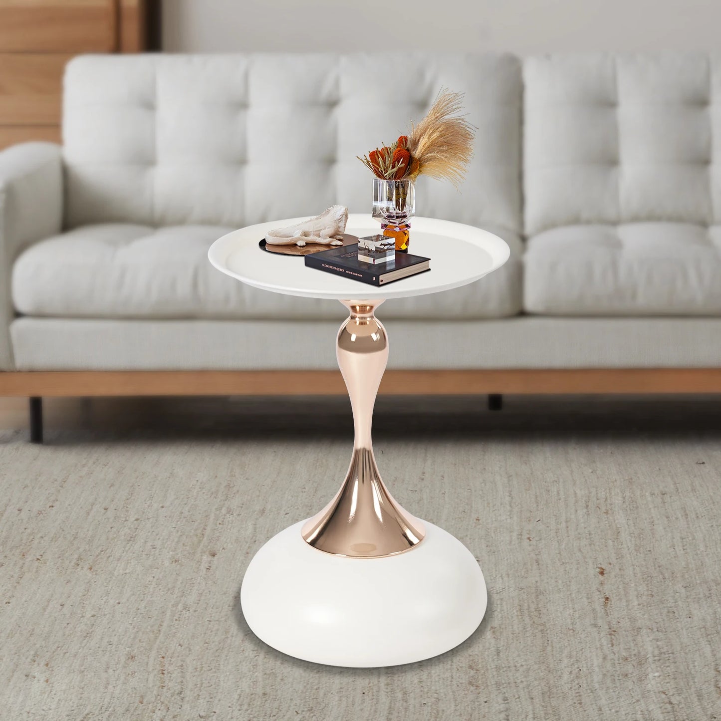 White, Round End Table, Metal Side Table Small Table, Floor Standing Sofa Side Table Nightstand, for Living Room Bedroom Office
