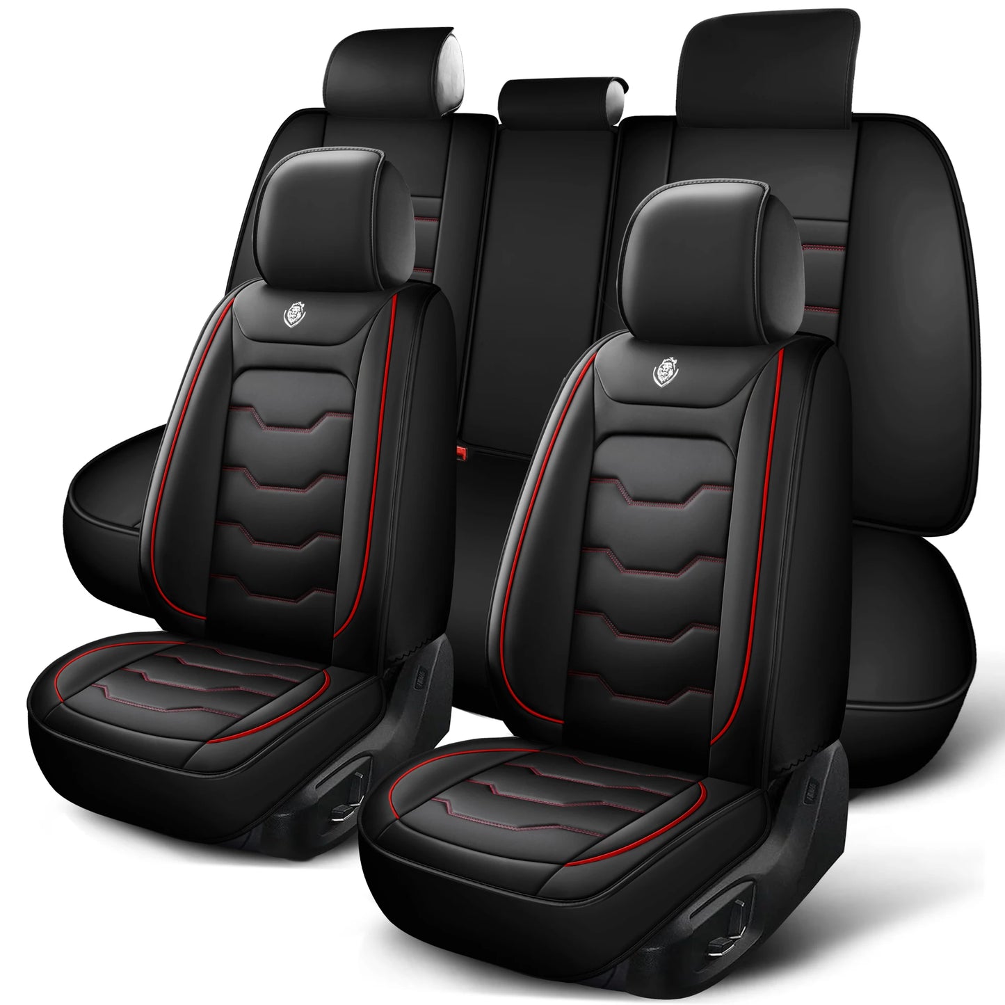 Car seat cover, 5-seater universal, suitable for 90% of 5-seater models，Waterproof leather car interior, (Black/Red)