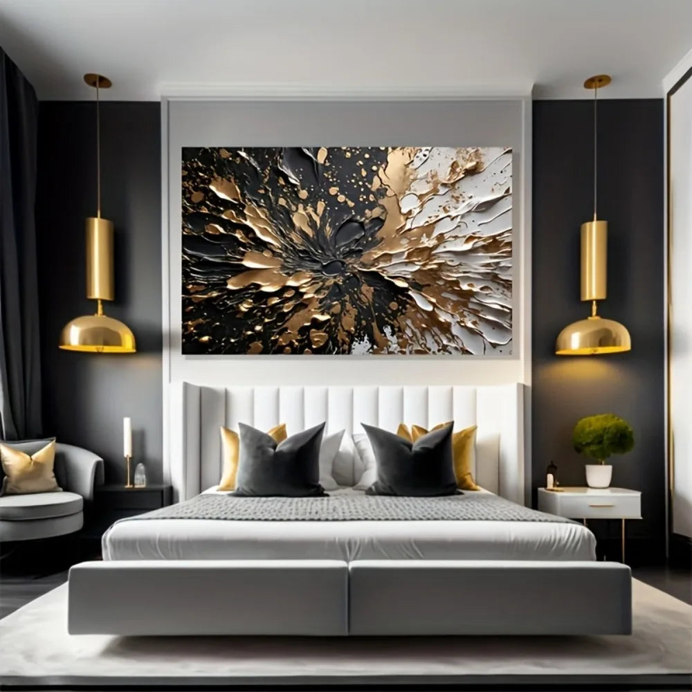 Modern abstract black gold ink splash texture wall mural, suitable for interior decoration, 1.5 inch thick pine solid wood frame