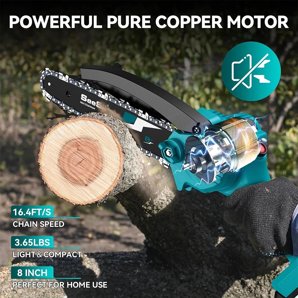 SEESII 8'' Mini Cordless Chainsaw kit Electric Chainsaw Wood Cutter Pruning Garden Power Tools For Makita 18V Battery pin