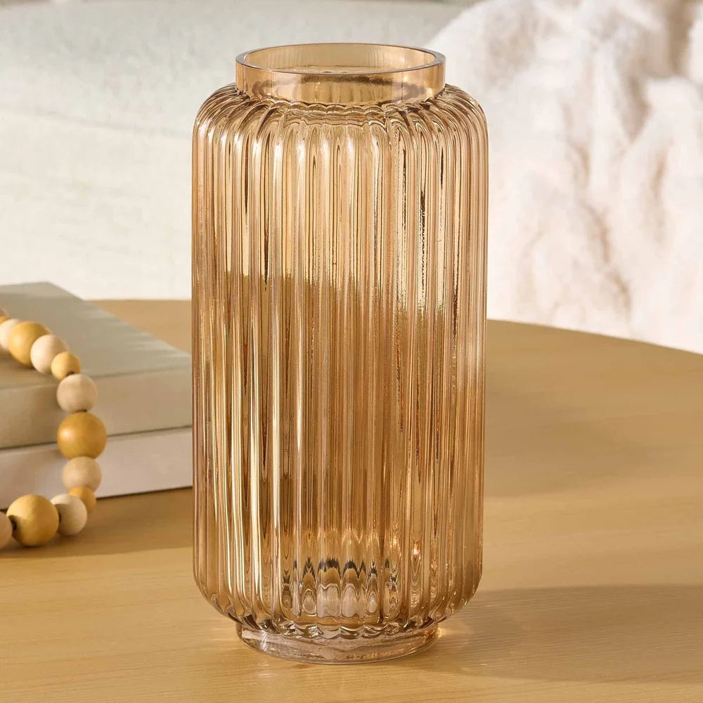 10 Inch Ribbed Glass Vase Champagne Elegant Decorative Cylinder Home Decor Fresh Flowers Indoor Display
