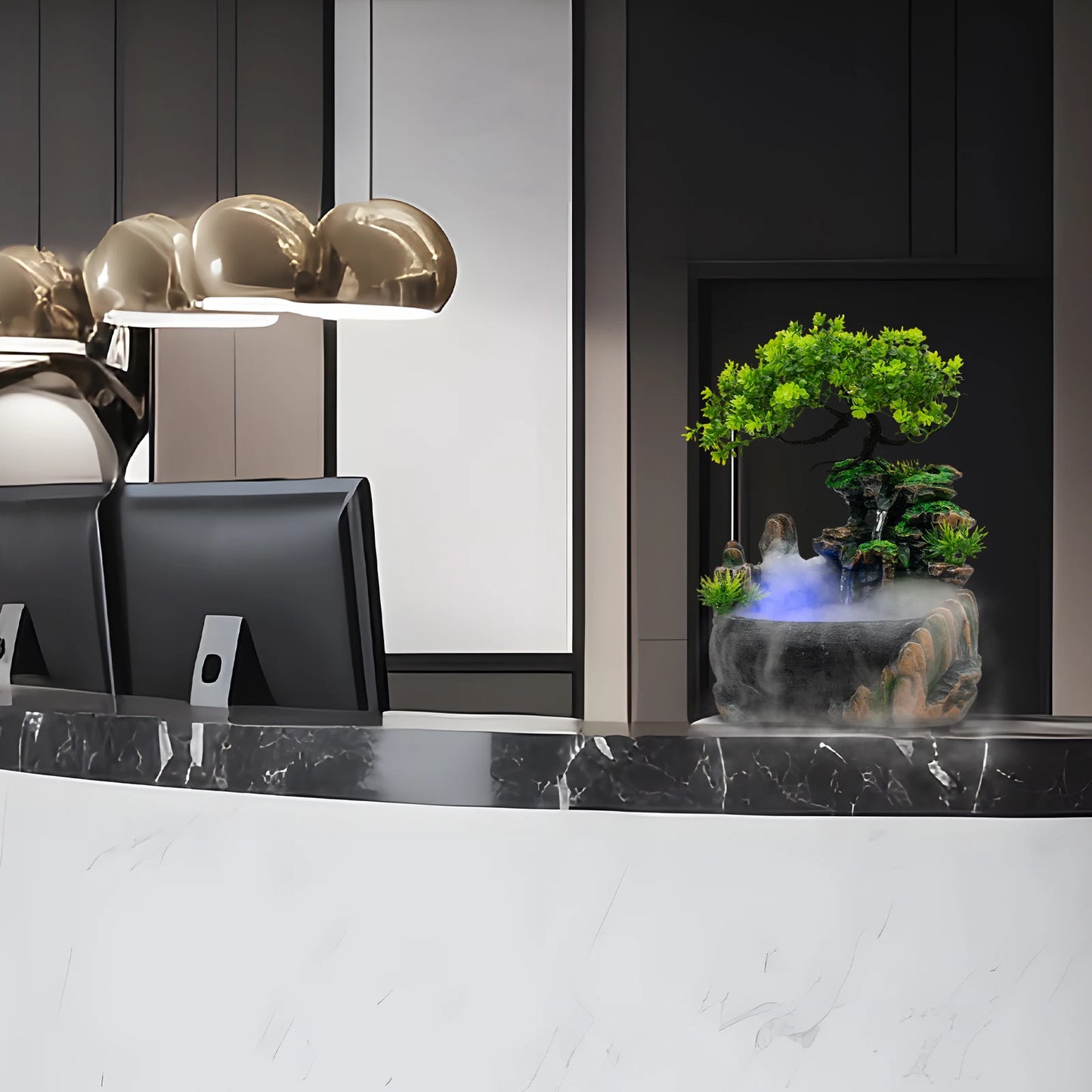 Tabletop Fountain Atomizing Desktop Humidifier with Rockery & Bonsai Waterfall Feature Fountain Desk Decoration