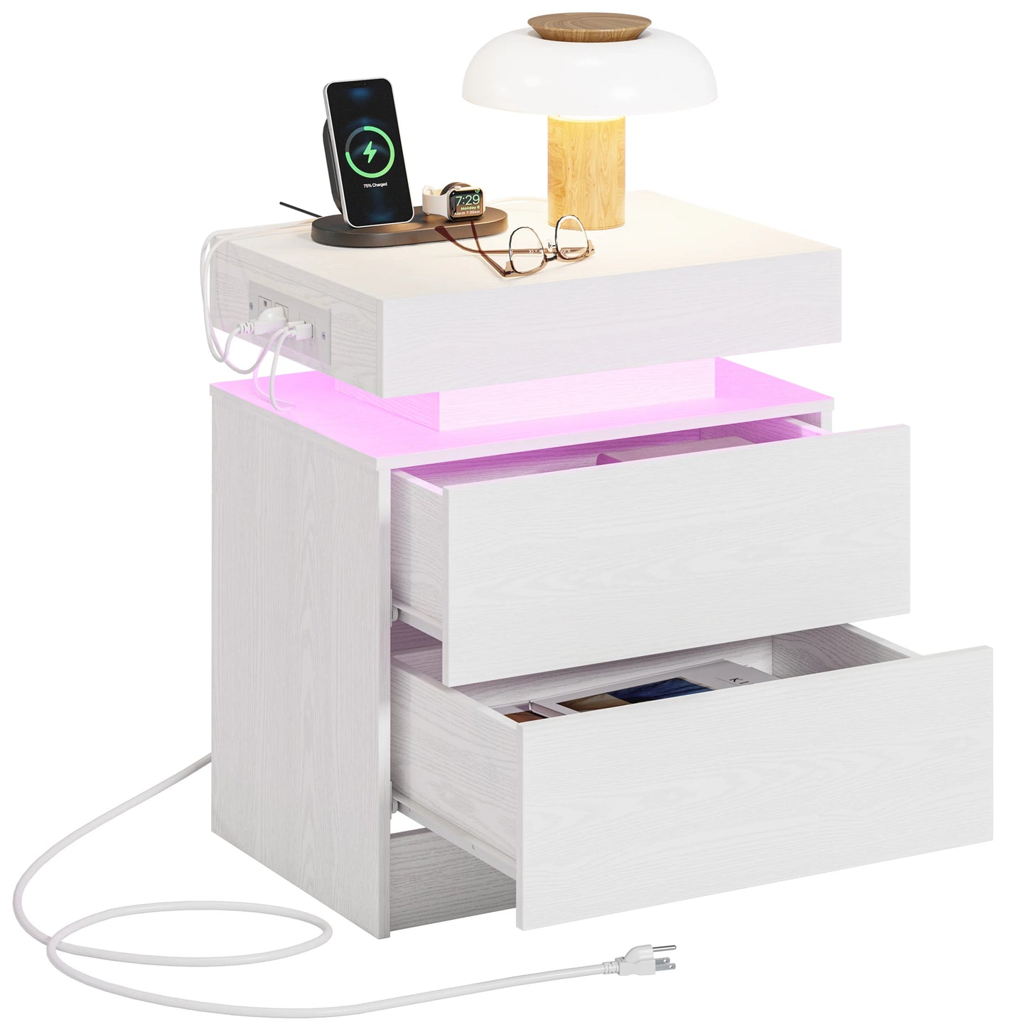 Likimio Nightstand With Charging Station LED Light Drawers