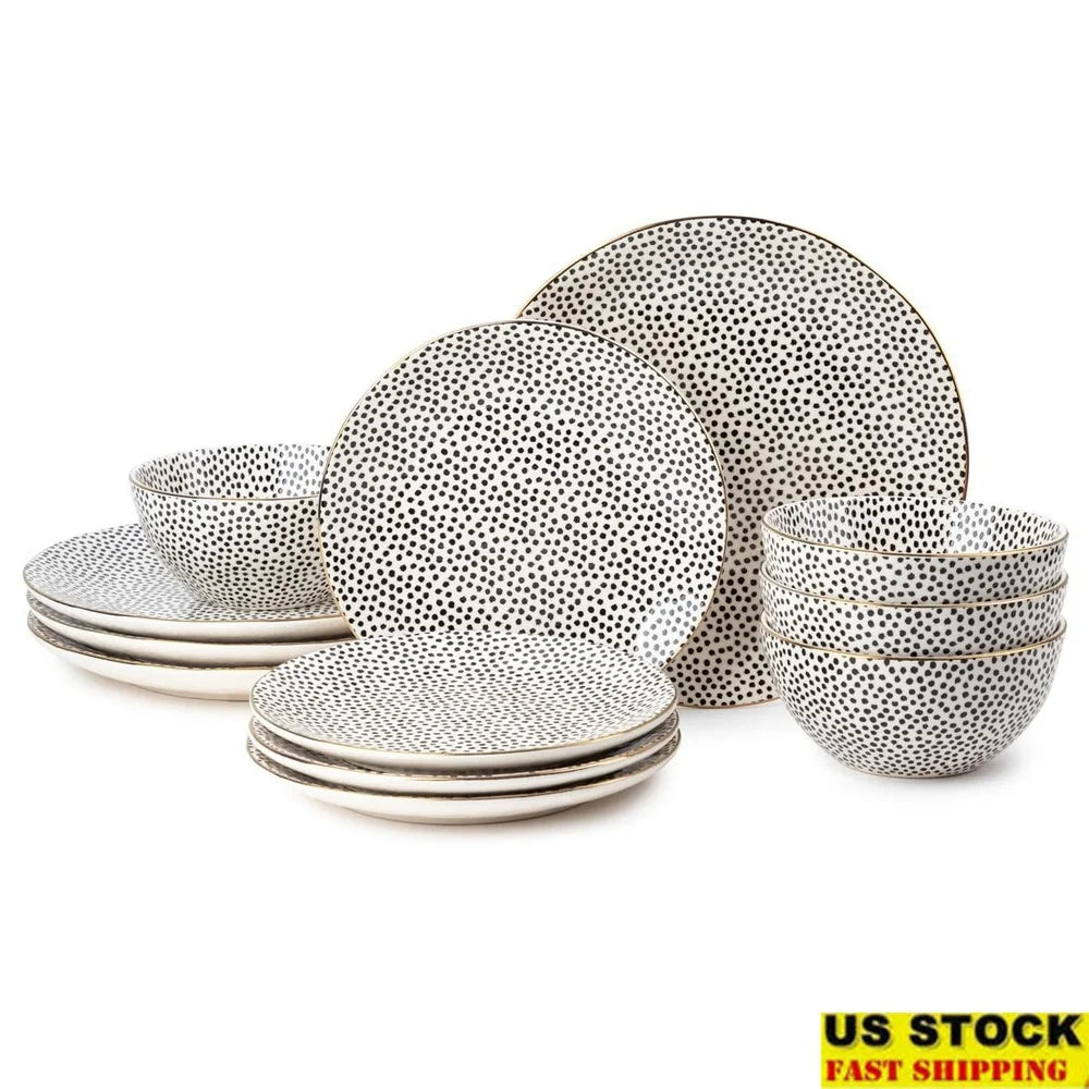 12 Piece Dinnerware Set Stoneware Black White Dot Dishwasher Microwave Safe Dinner Plates Salad Bowls Complete Dining Collection