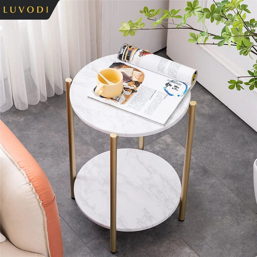 LUVODI 2-Tier Round Coffee End Tables Sofa Side Table Plant Stand with Storage Shelf Metal Frame for Living Room Bedroom