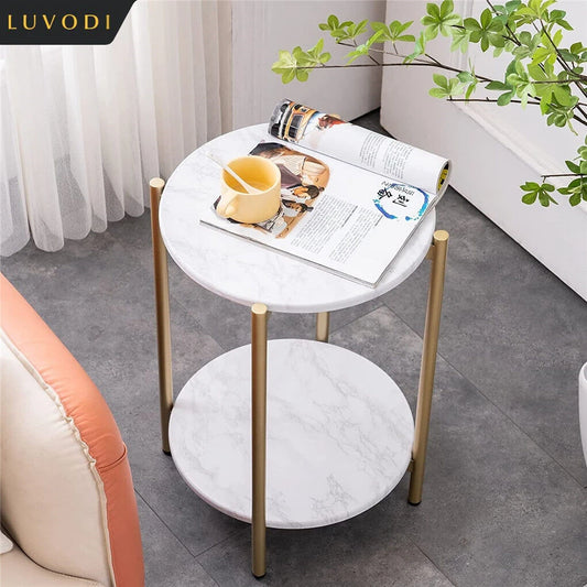 LUVODI 2-Tier Round Coffee End Tables Sofa Side Table Plant Stand with Storage Shelf Metal Frame for Living Room Bedroom
