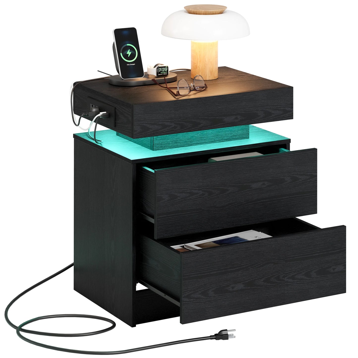 Likimio Nightstand With Charging Station LED Light Drawers
