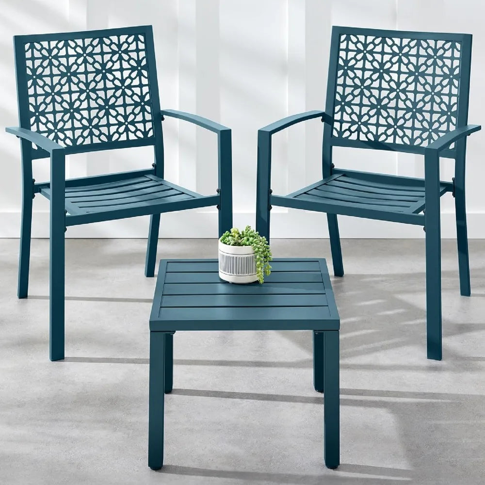 3-Piece Outdoor Bistro Set, Stackable Modern Steel Furniture for Porch, Garden w/ 2 Chairs, Table, Geometric Decor - Peacock Bl