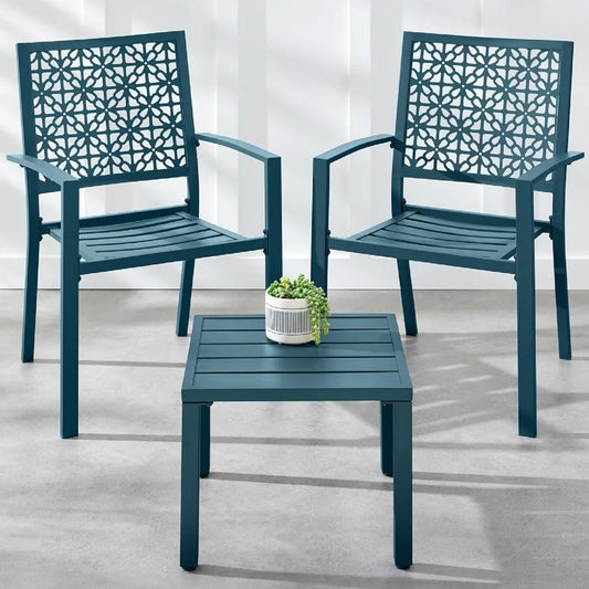3-Piece Outdoor Bistro Set, Stackable Modern Steel Furniture for Porch, Garden w/ 2 Chairs, Table, Geometric Decor - Peacock Bl