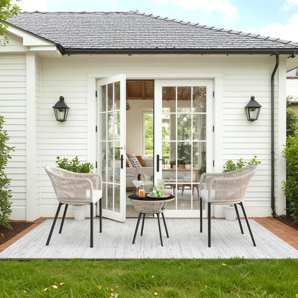 Patio Furniture Set 3 Pieces Rope Woven Bistro Set Outdoor Conversation Set with 2 Wide Chairs,Cushions and Tempered Glass Tabl