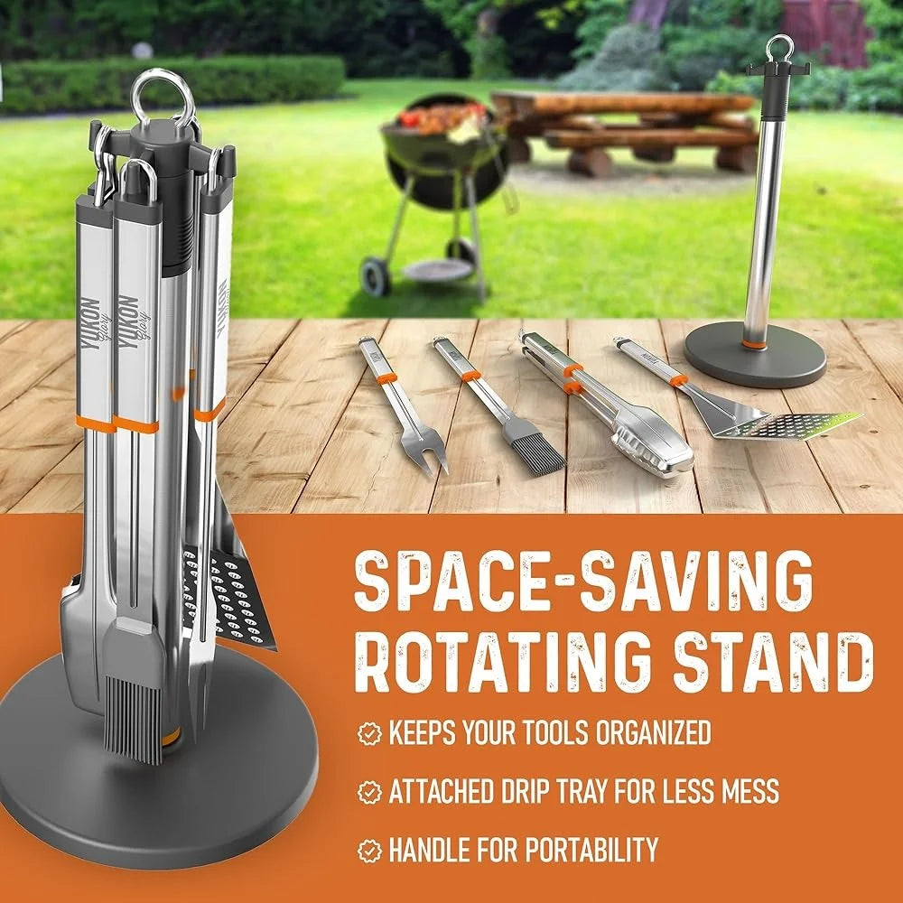 Stainless Steel BBQ Tool Set with Rotating Stand Drip Pan Complete Grill Kit Spatula Tongs Fork Brush Portable Durable Easy to
