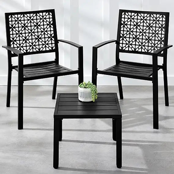 3-Piece Outdoor Bistro Set, Stackable Modern Steel Furniture for Porch, Garden w/ 2 Chairs, Table, Geometric Decor - Peacock Bl