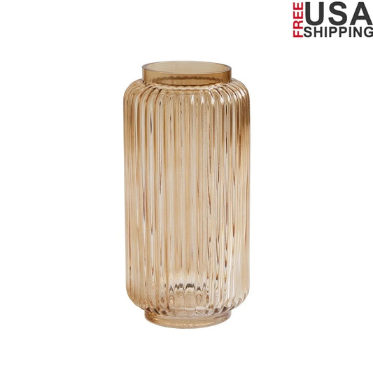 10 Inch Ribbed Glass Vase Champagne Elegant Decorative Cylinder Home Decor Fresh Flowers Indoor Display