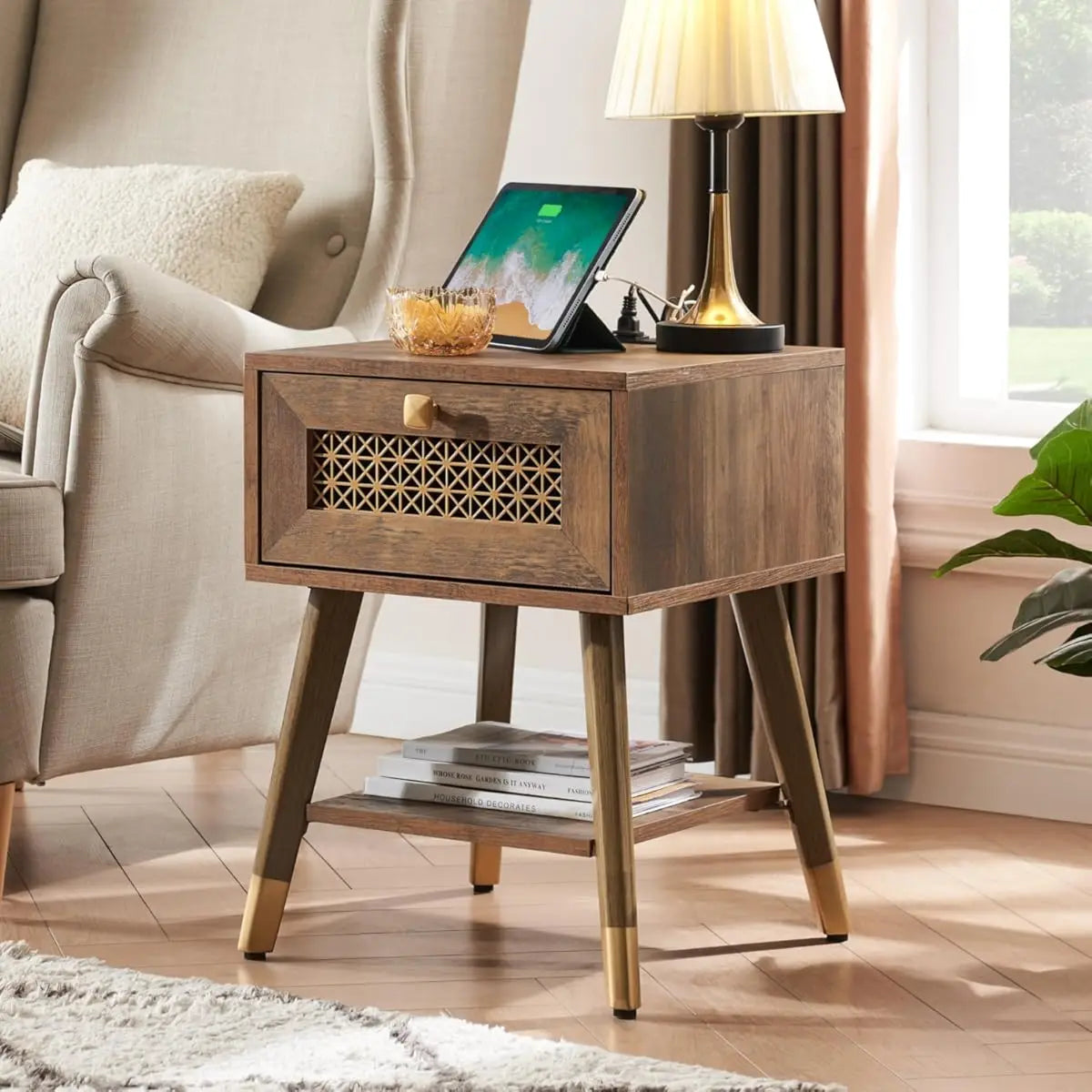 Hign-concerned Boho Side Table With USB Ports And Drawer