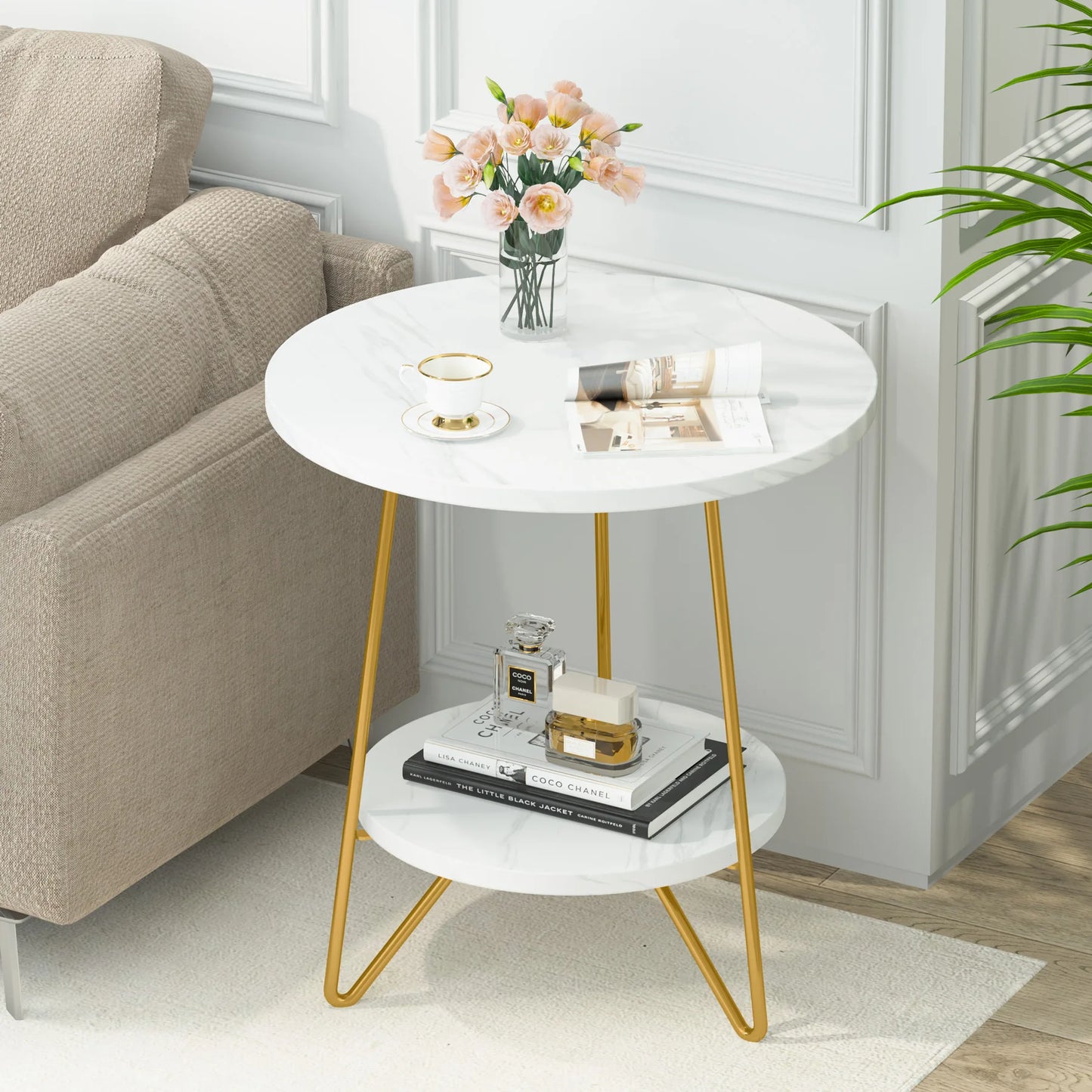 Tribesigns 2 Tier Faux Marble End Table Round Side Table with Shelves Small Coffee Accent Table for Living Room, White and Gold