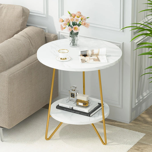 Tribesigns 2 Tier Faux Marble End Table Round Side Table with Shelves Small Coffee Accent Table for Living Room, White and Gold