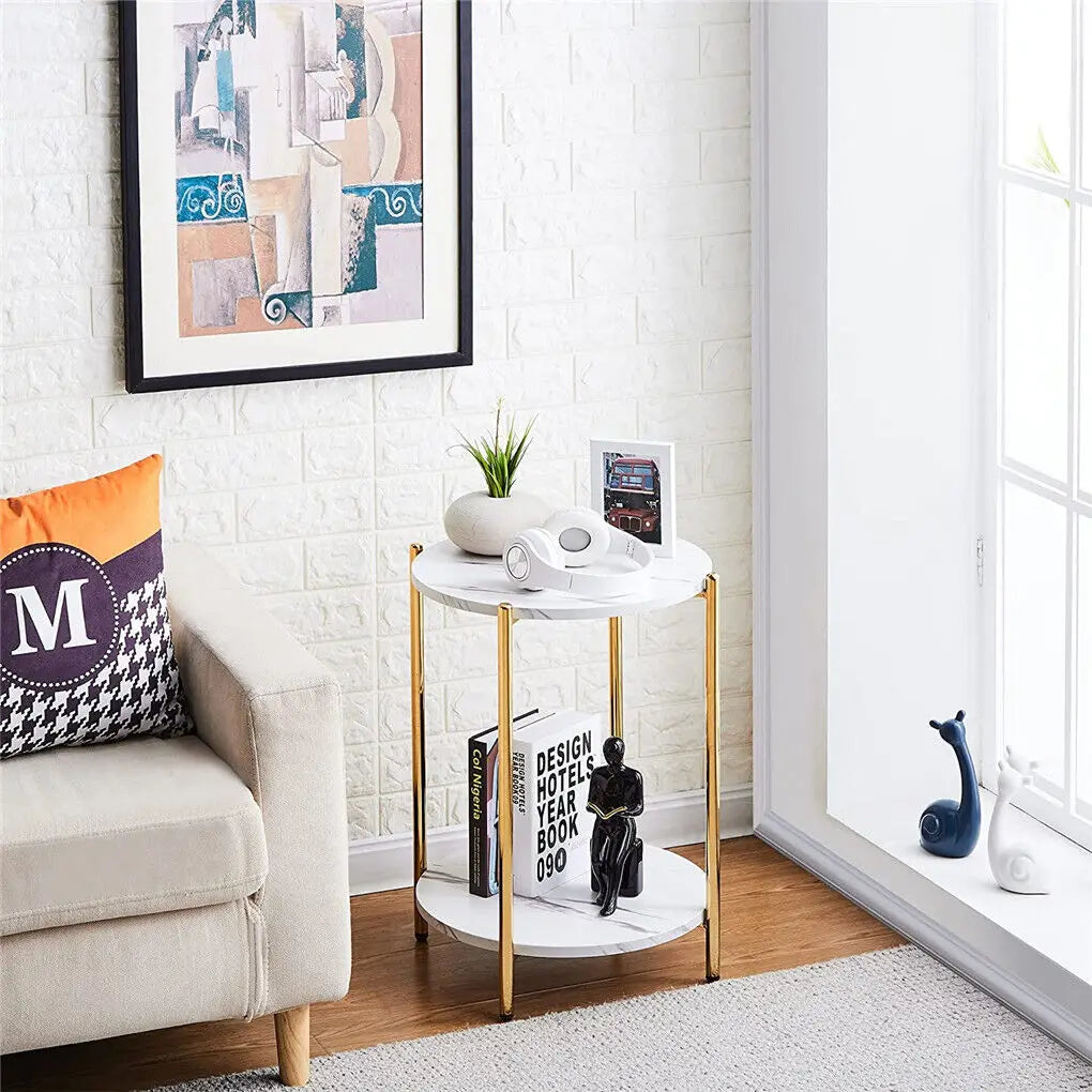 LUVODI 2-Tier Round Coffee End Tables Sofa Side Table Plant Stand with Storage Shelf Metal Frame for Living Room Bedroom